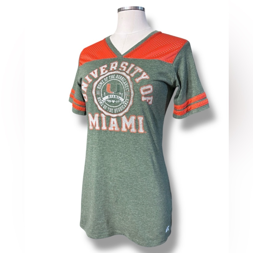 RUSSELL ATHLETIC University of Miami Jersey Style Long Short Sleeve Top L 11-13